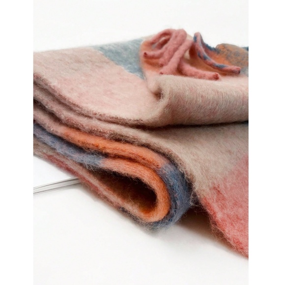 Plaid Multicolor Wide Shawl Scarf With Tassels Fuzzy Knit - Picture 4 of 6